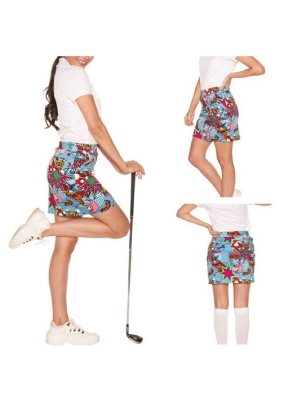 Vibrant Blue Golf Comic -Print Mini Skirt